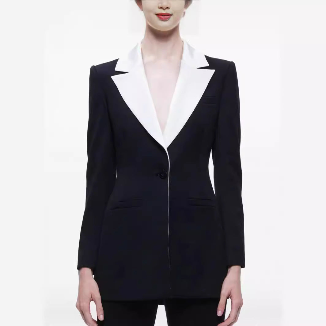 Ladies Elegant Two-Piece Tuxedo Set with Contrasting Shawl Collar and Flared Trouser Chichicherry