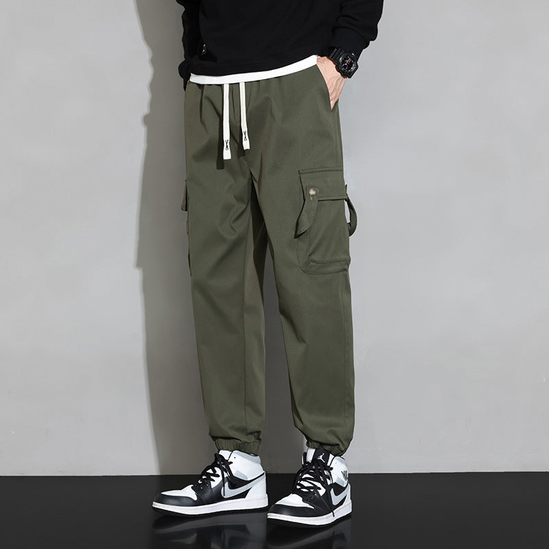 Men's Loose Utility Cargo Pants with Drawstring, Elastic Cuffs and Multifunctional Pockets Chichicherry