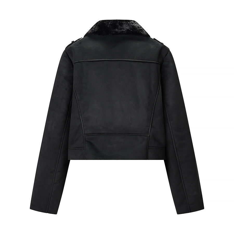 Women Short Biker Jacket with Faux Fur Collar and Suede Look Chichicherry