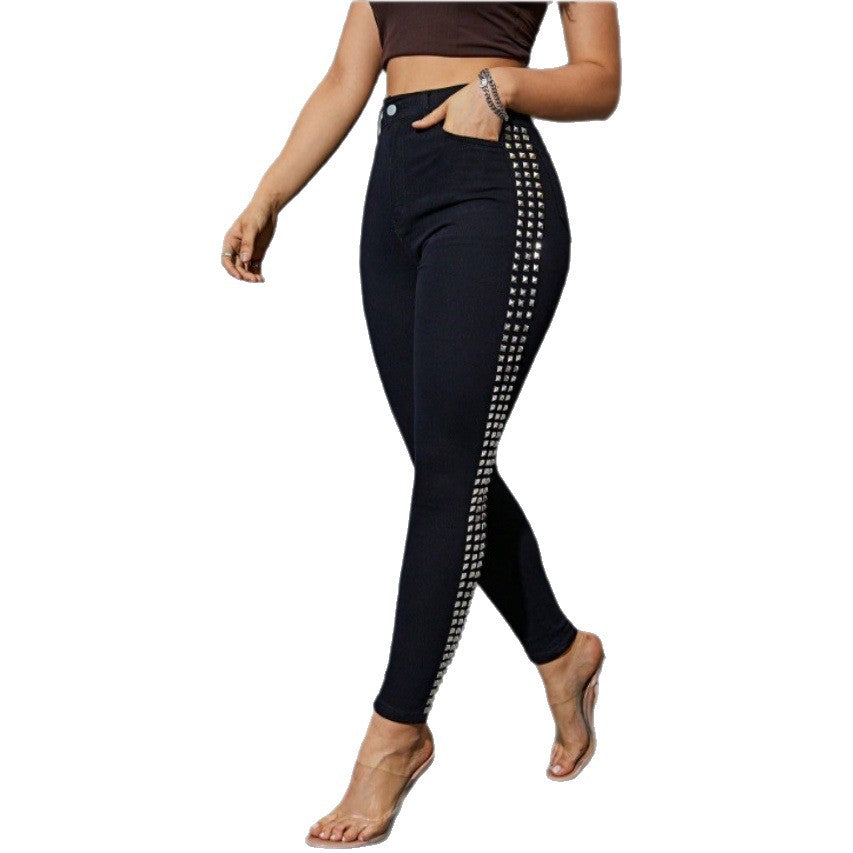 Women High-Waisted Skinny Jeans Leggings with Side Studded Band and Sculpting Effect Chichicherry