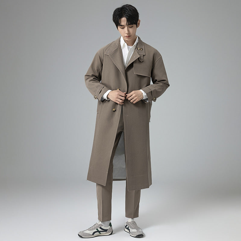 Men's Long Modern Trench Coat made of lightweight twill with concealed button placket and waist belt Chichicherry