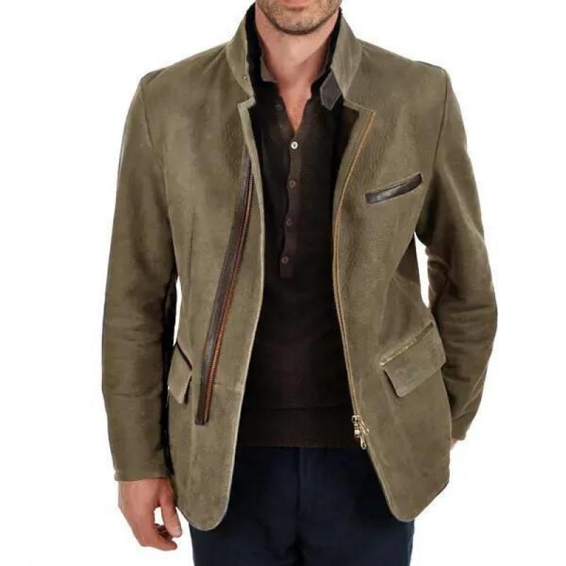 Men's suede field jacket in pilot style with stand-up collar, asymmetrical double-opening zipper and contrasting leather trims Chichicherry