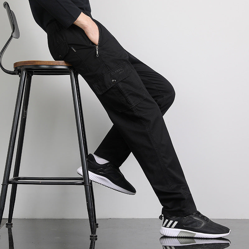 Men's Loose Cargo Pants with Elastic Waistband, Multi-Pockets & Straight Leg Chichicherry