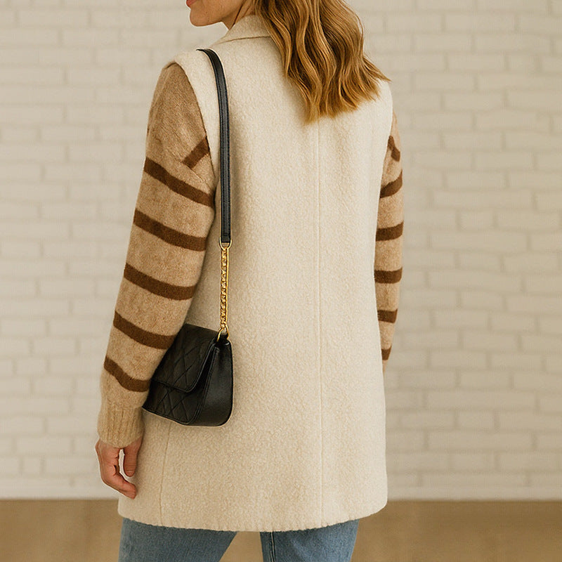 Women Long Sleeveless Boucle Vest with Double-Breasted Button Placket and Revere Collar Chichicherry