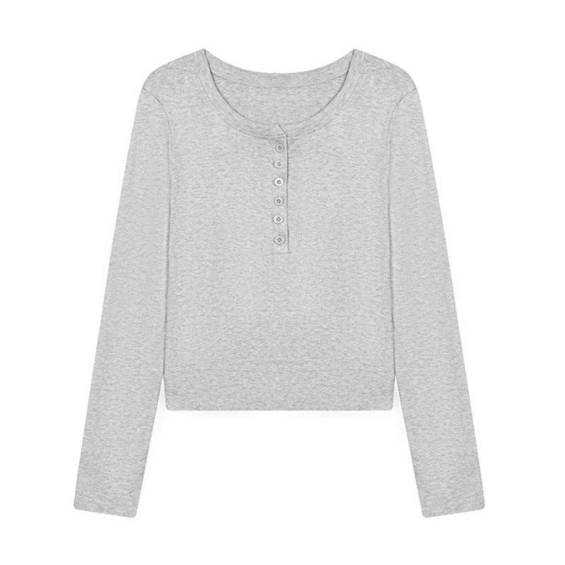 Women's short-cut Henley long-sleeve shirt made of cotton jersey with button placket Chichicherry