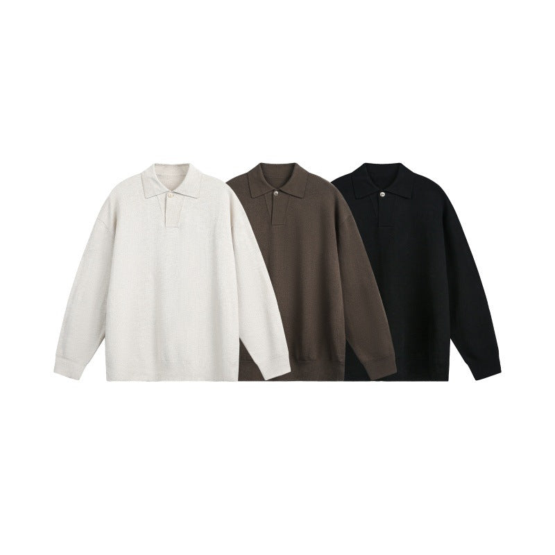 Men's Loose Knit Polo Sweater with Button Placket and Oversize Cut Chichicherry