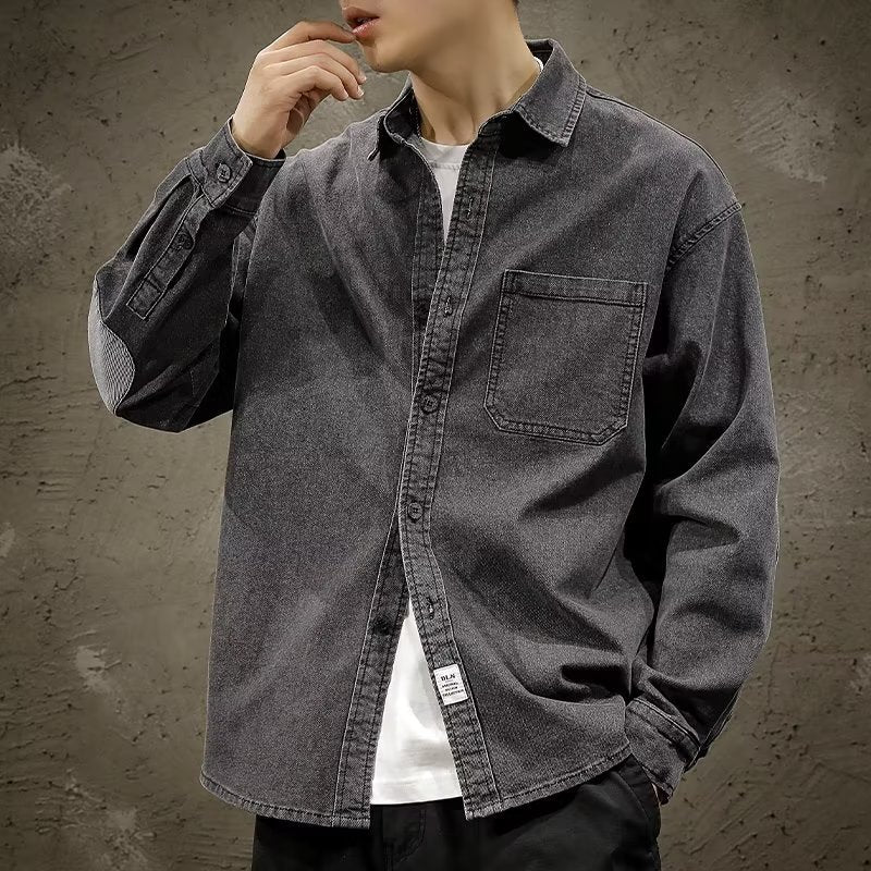Herren Relaxed-Jeanshemdjacke im Vintage-Wash mit Ellbogen-Patches und aufgesetzter Brusttasche Chichicherry