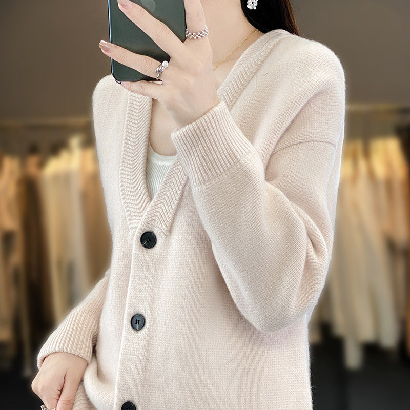 Ladies Soft Boxy Long Cardigan with Deep V-Neck and Fine Ribbed Edge