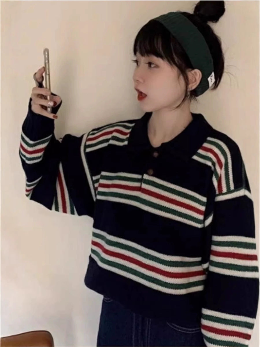 Women Oversized Polo Collar Knit Sweater with Maritime Block Stripes and Boxy Cropped Silhouette Chichicherry