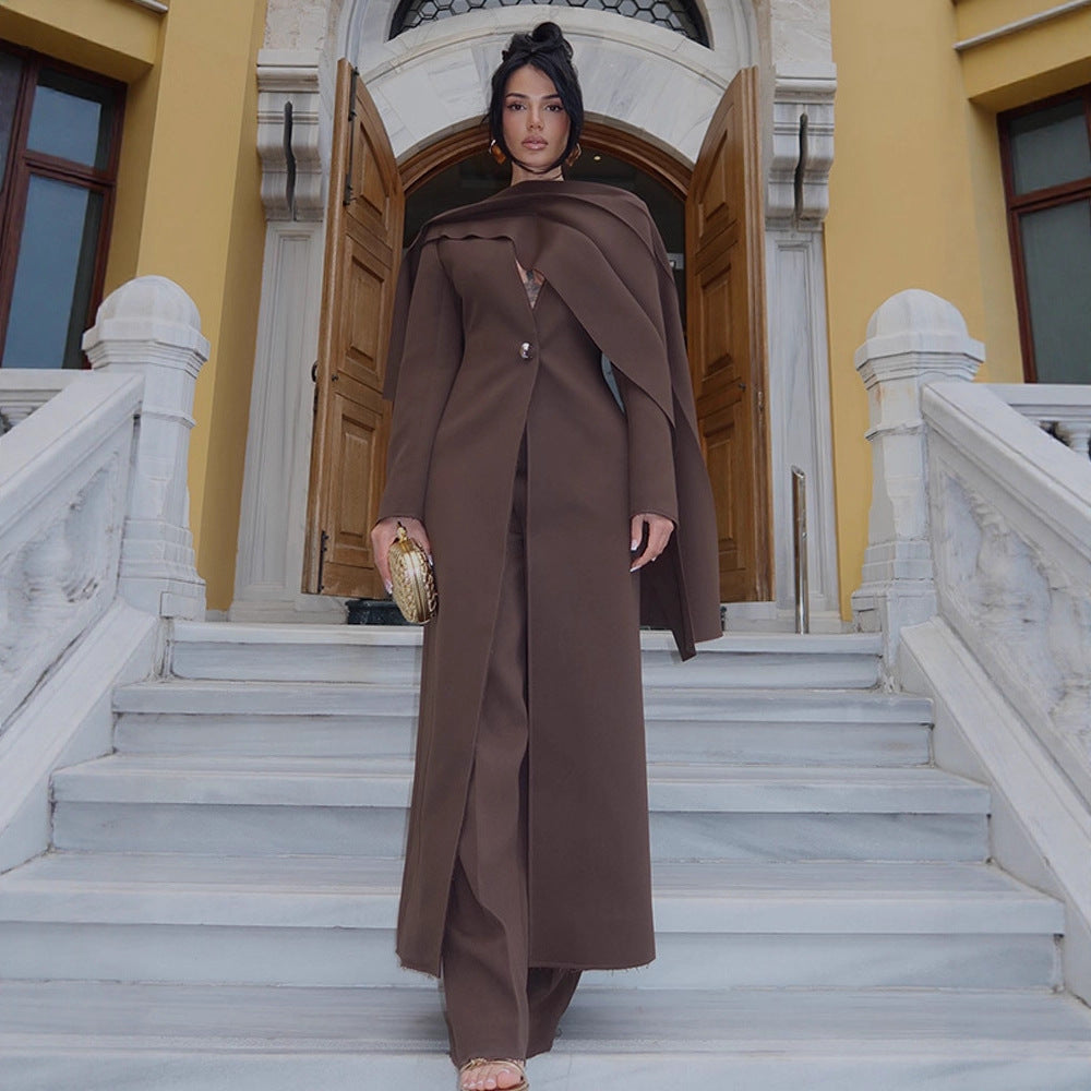 Women Elegant Coat Dress with Cape Shoulder and Tailored Silhouette Chichicherry