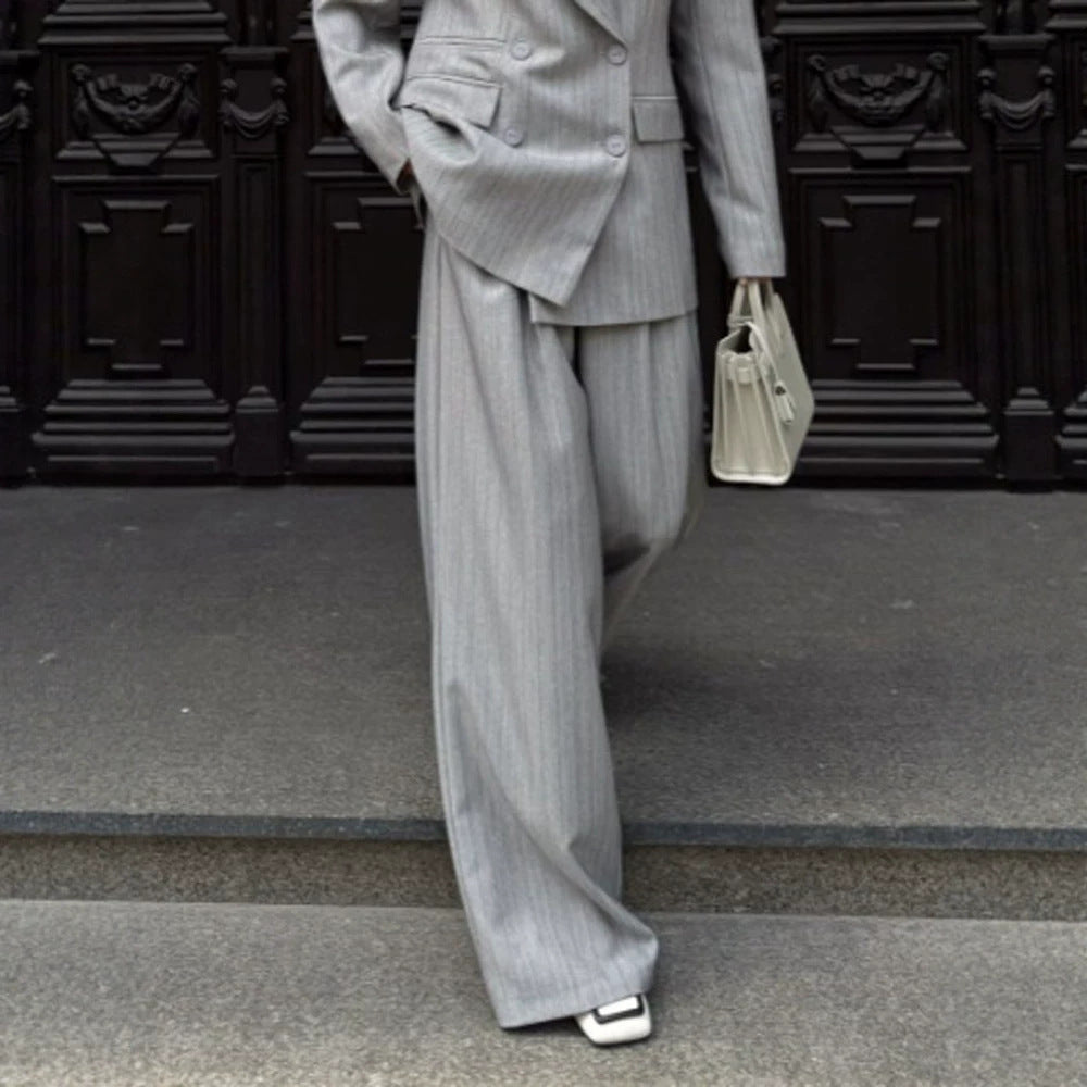 Women's Oversized Double-Breasted Blazer Set with Pinstripes and Wide Pleated Trousers Chichicherry
