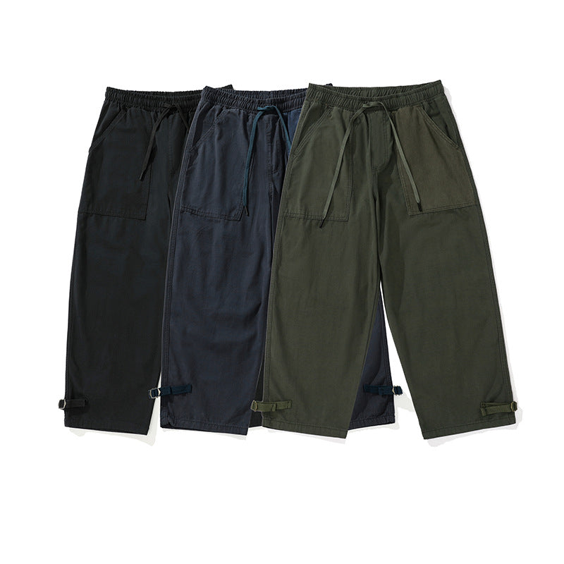 Men's wide cropped cargo pants with elastic drawstring waistband, patch pockets and adjustable ankle straps Chichicherry