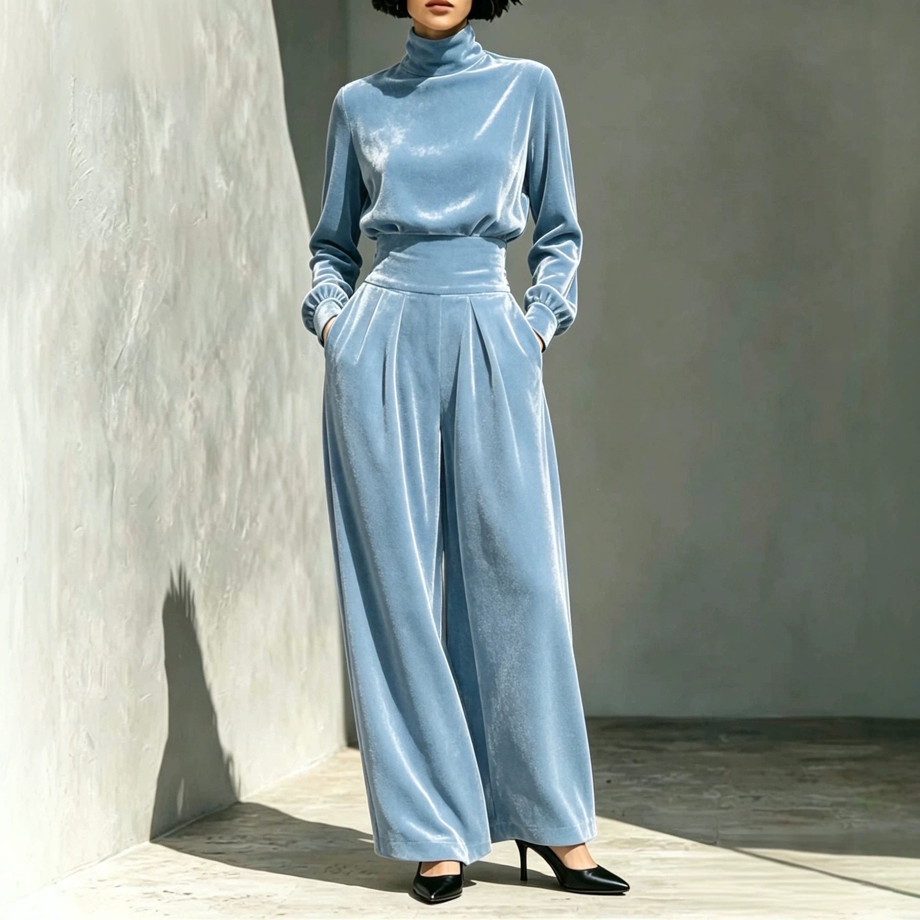 Women's velvet set with turtleneck top and high-waisted, wide pleated pants Chichicherry