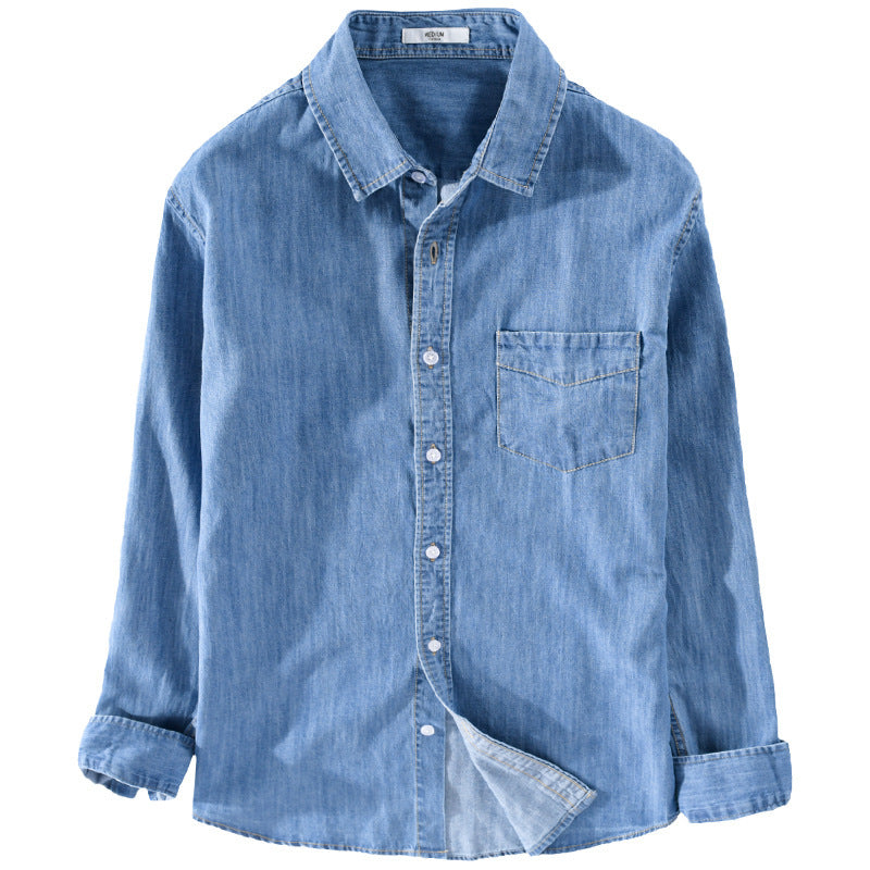 Men's Washed-Denim Overshirt in Relaxed Fit with Chest Pocket and Contrasting Stitching Chichicherry