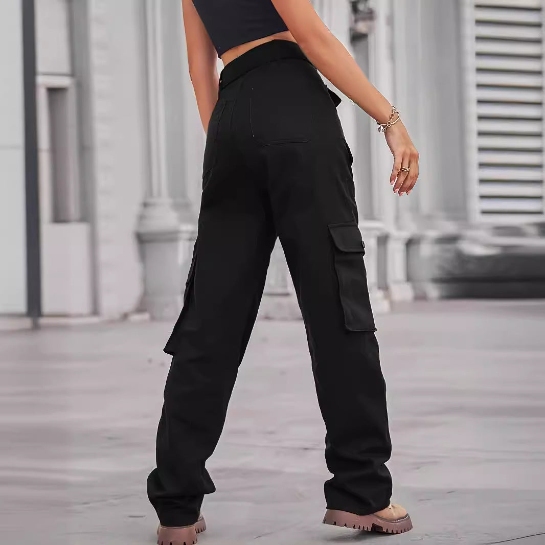Ladies cargo pants with high waist, tie belt, and multiple flap pockets Chichicherry