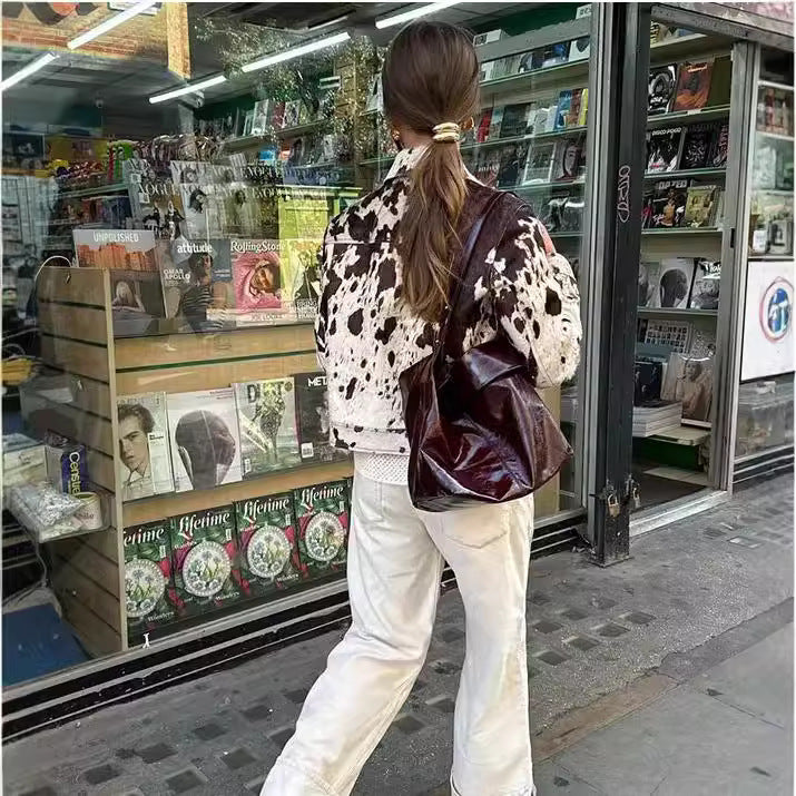 Women's Cropped Shirt Jacket with Cow Spot Pattern and Patch Chest Pockets Chichicherry