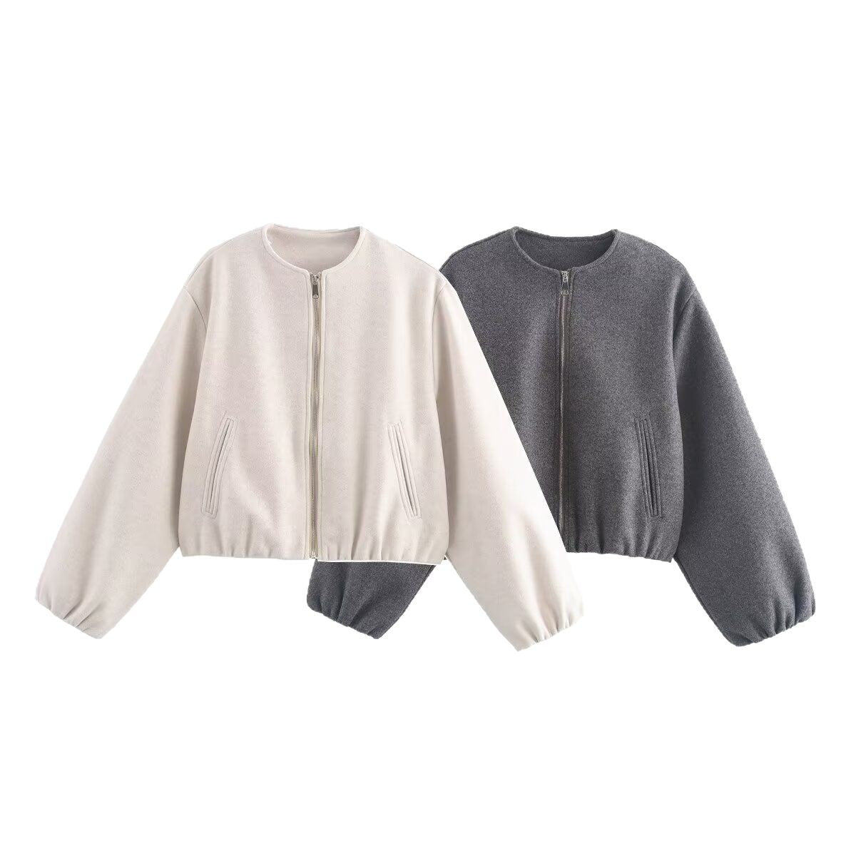 Women Short Wool Look Cropped Jacket with Zipper, Round Neck and Balloon Sleeves Chichicherry