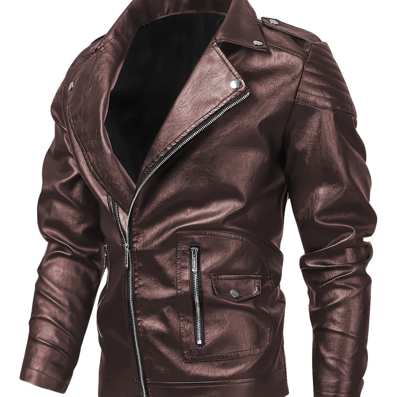 Men's Asymmetrical Biker Jacket made of Faux Leather with Quilted Shoulder Padding and Utility Pockets Chichicherry