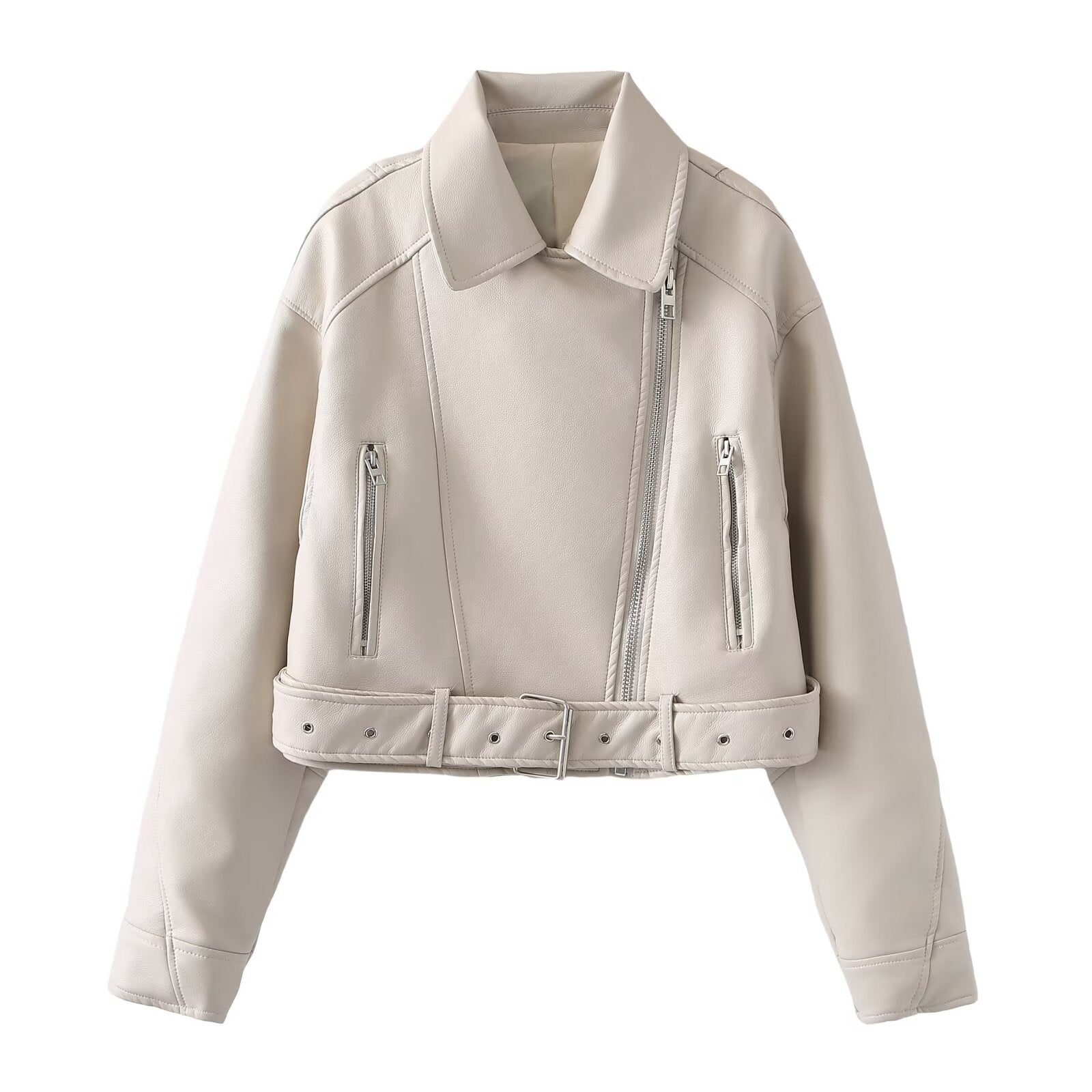 Women's short biker jacket made of soft synthetic leather with waist belt Chichicherry