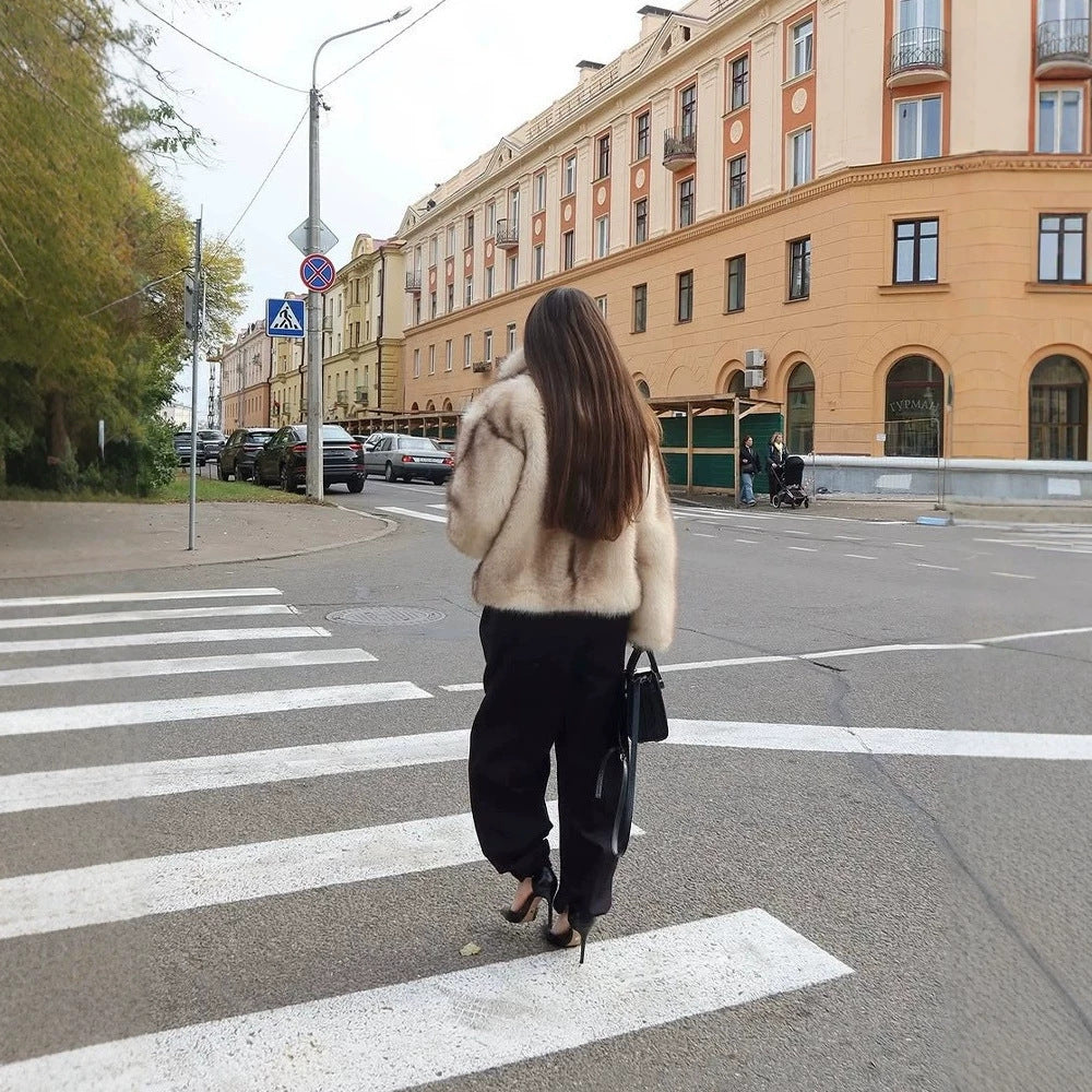 Women's short boxy faux fur jacket with voluminous shawl collar and striped look Chichicherry