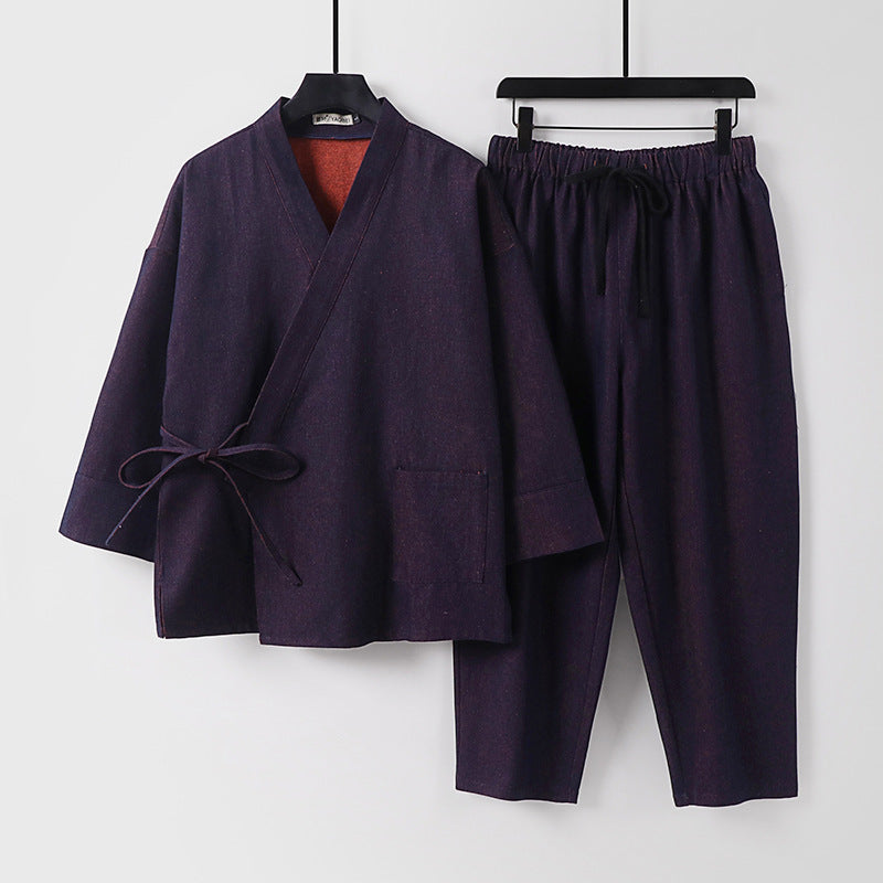 Unisex Casual Denim Kimono Set with Short Sleeve Jacket, Tie Band and Elastic Waist Pants Chichicherry