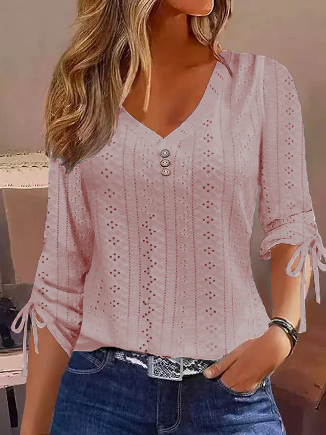 Ladies' openwork blouse with V-neck, decorative button placket and tie sleeves Chichicherry