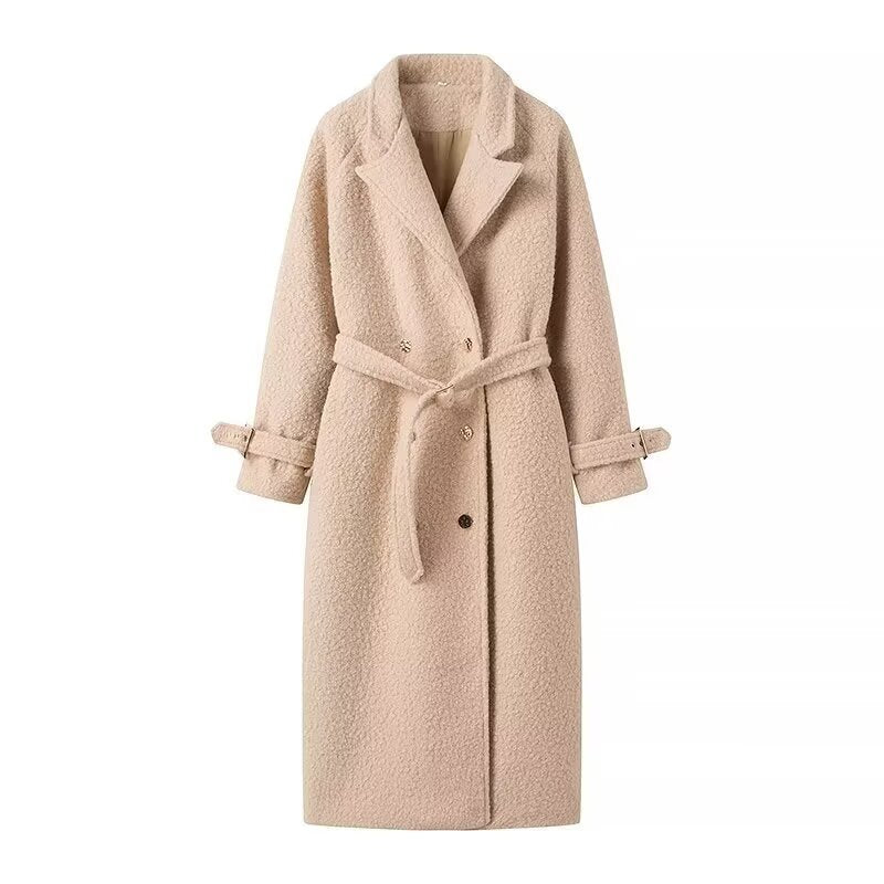 Women long cut bouclé teddy coat in oversized cut with double button front and adjustable sleeve straps Chichicherry