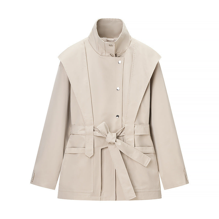 Women's short jacket with cape shoulder, stand-up collar and waist belt Chichicherry