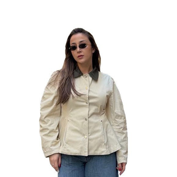 Women's fitted lightweight transition jacket with peplum and contrasting shirt collar Chichicherry