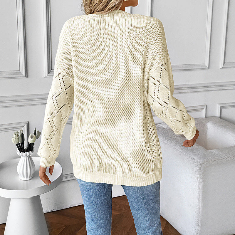 Women's Knitted V-Neck Sweater with Lace Insert and Openwork Sleeves Chichicherry