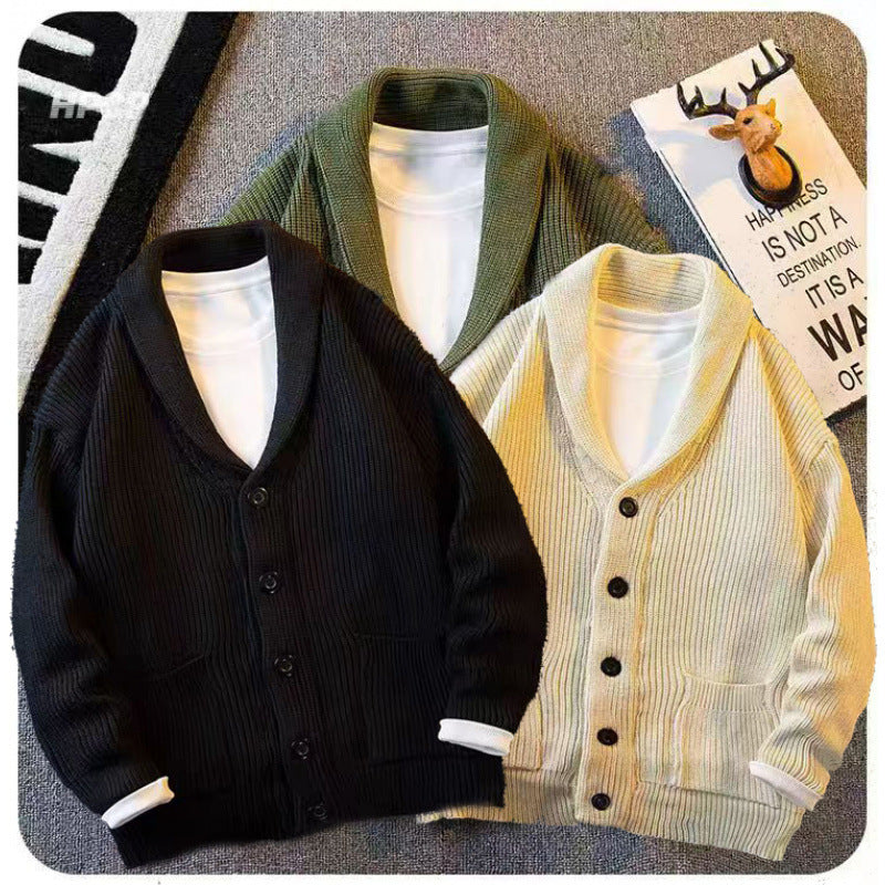 Herren Schalkragen-Cardigan aus grobem Rippstrick mit Taschen & Knopfleiste Chichicherry