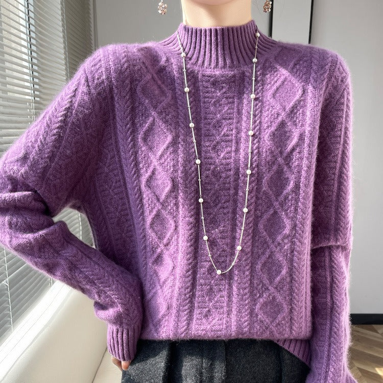 Women's Cozy Mohair-Effect Mock Neck Sweater with Diamond Cable Structure and Boxy Silhouette Chichicherry
