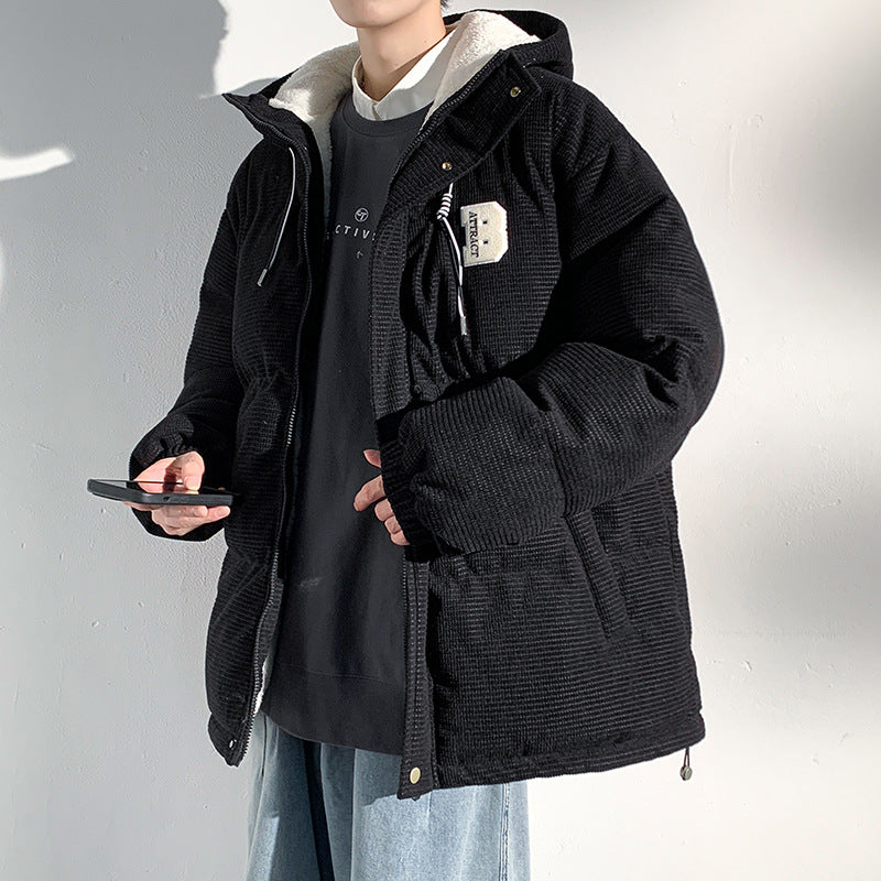 Men's Padded Cord Quilted Jacket with Hood, Teddy Fleece Lining and Oversized Fit Chichicherry