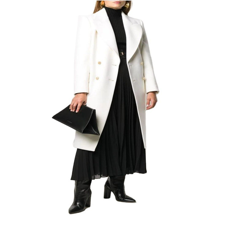 Women Slim Double-Breasted Wool Blend Long Coat with Shawl Collar, Gold Button Detail and Flap Pockets Chichicherry