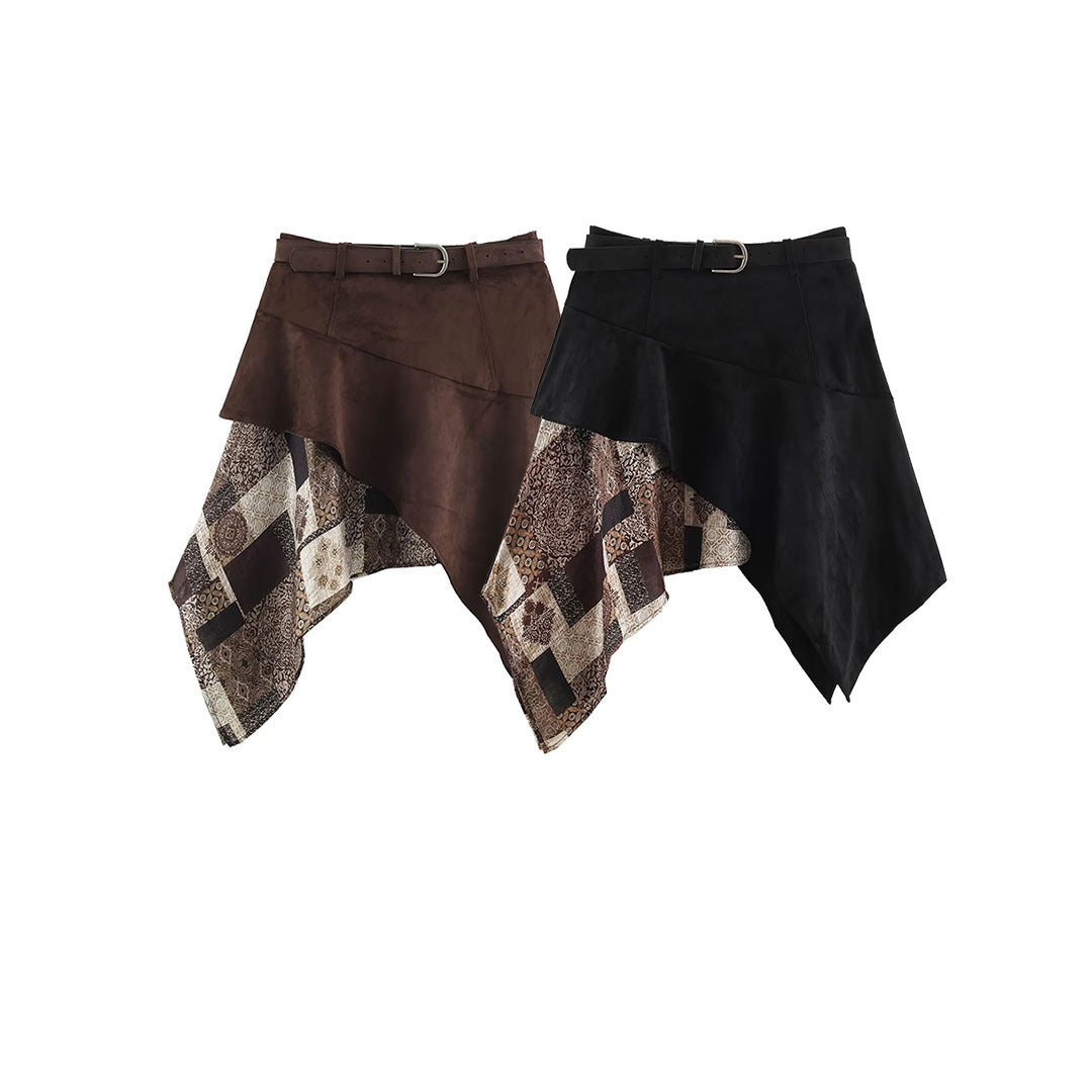 Women's Asymmetric Patchwork Wrap Skirt with Waist Belt and Layered Look Chichicherry