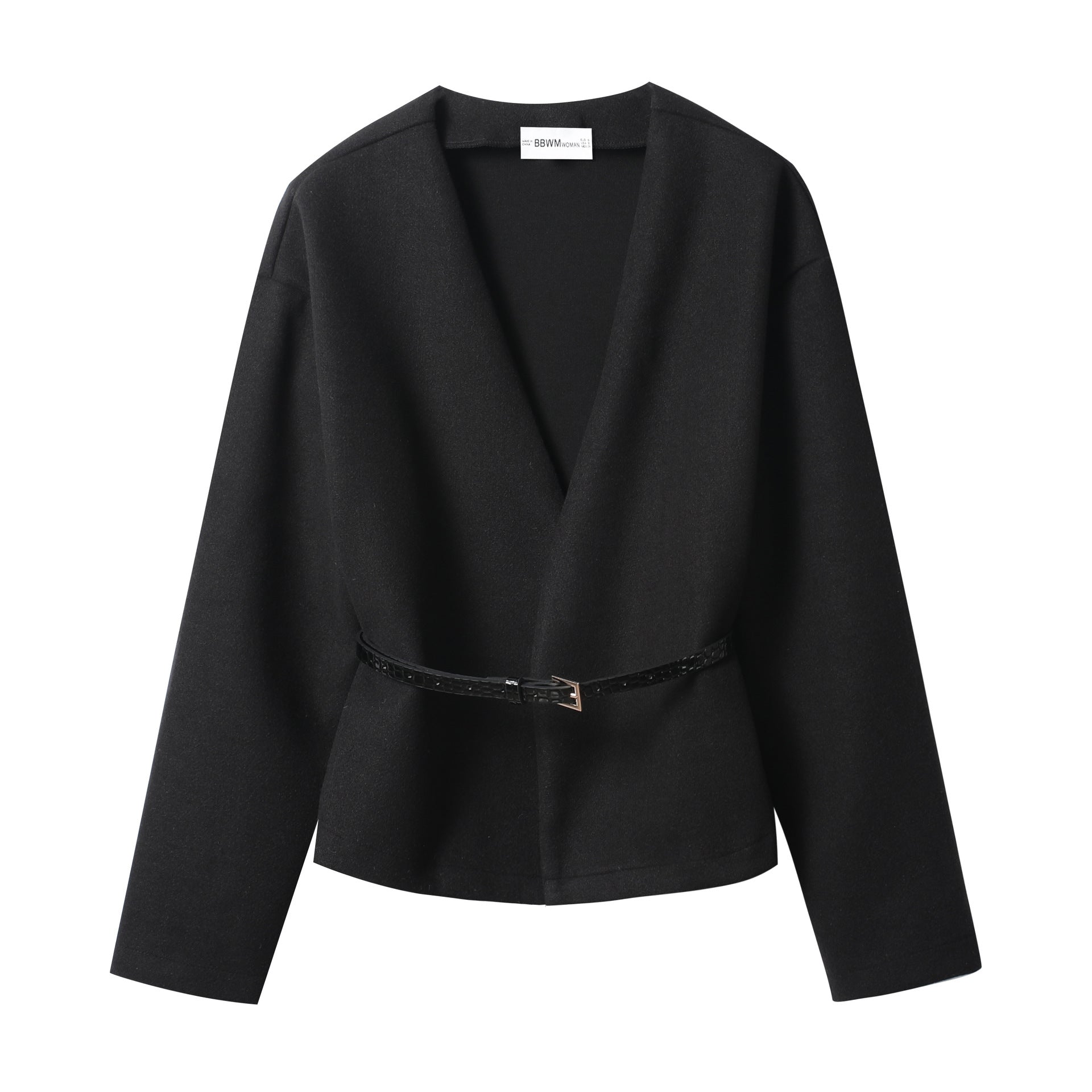 Women's short wrap coat made of wool blend with deep shawl collar and narrow waist belt Chichicherry