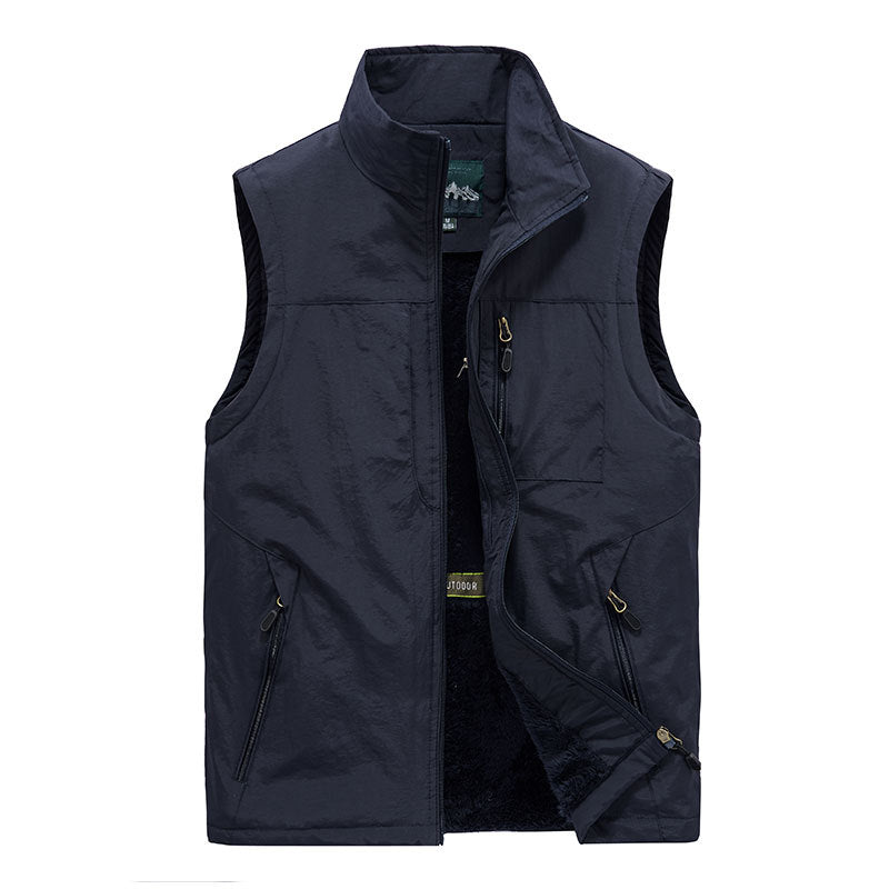 Men's Quilted Fleece-Lined Outdoor Vest with Stand-Up Collar and Zipper Pockets Chichicherry