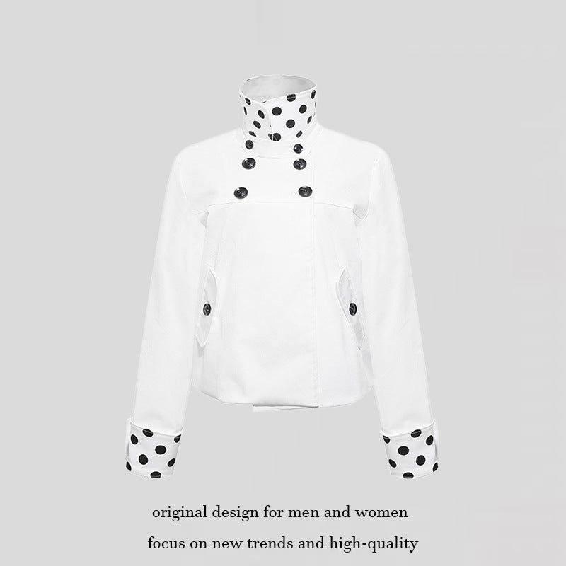 Women Short Double-Breasted Jacket with Stand-Up Collar and Polka-Dot Lining Chichicherry