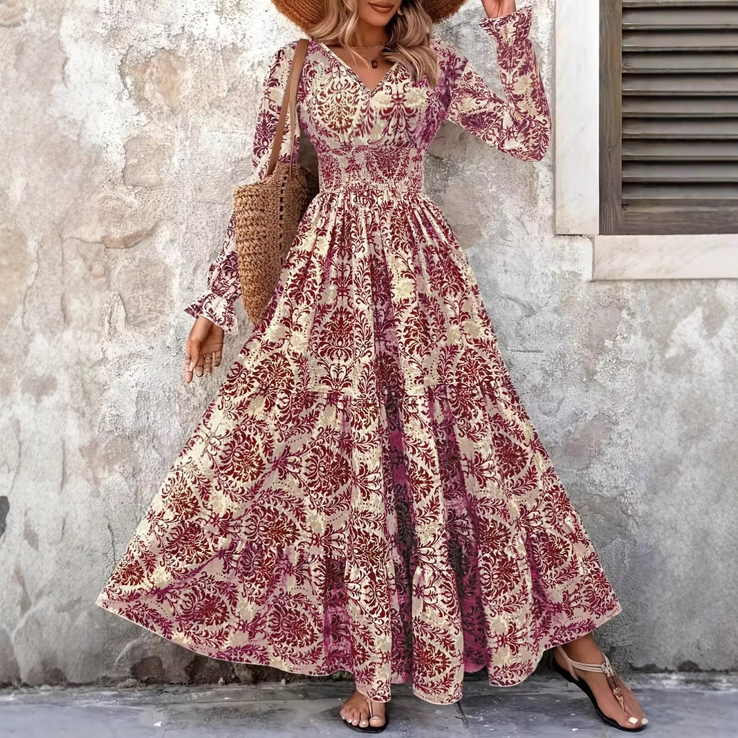 Women Boho Maxi Dress with Smocked Waist, V-Neck and Tiered Skirt Chichicherry