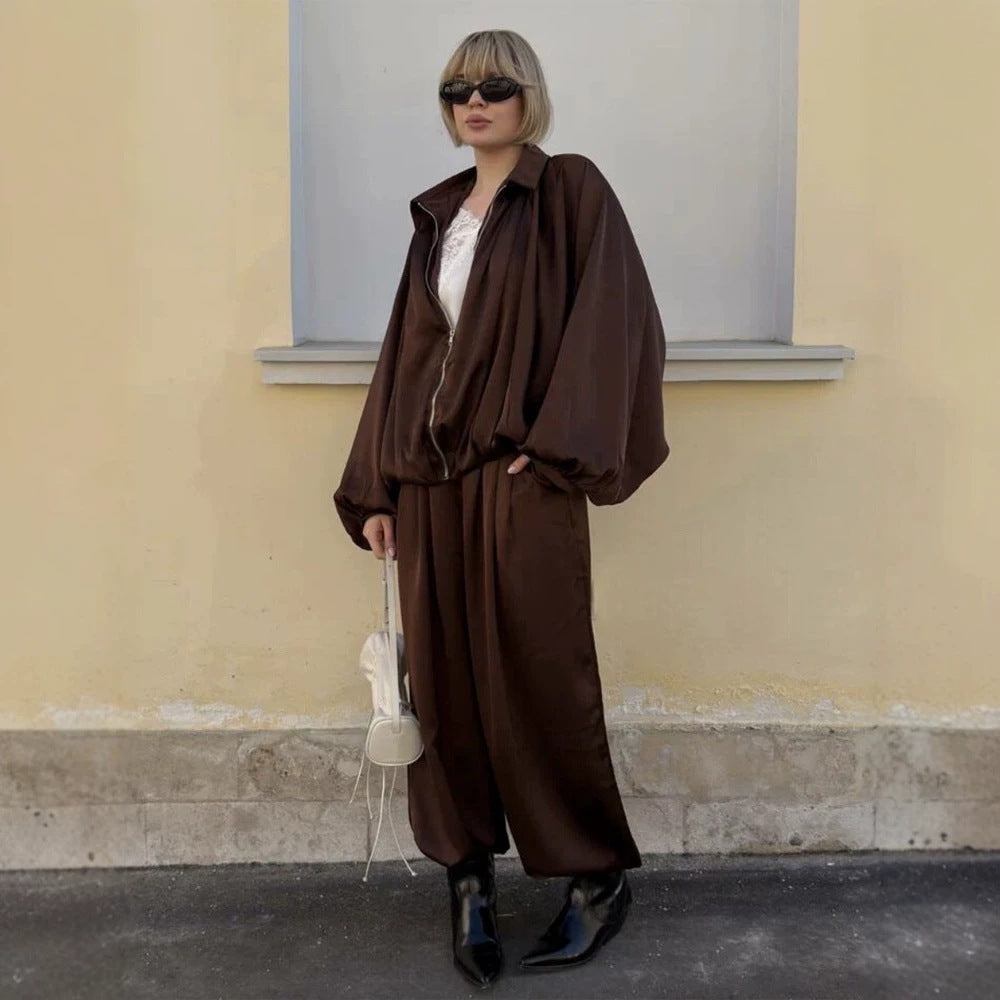 Women Elegant Satin Two-Piece Set with Oversize Blouse and Wide Palazzo Pants Chichicherry