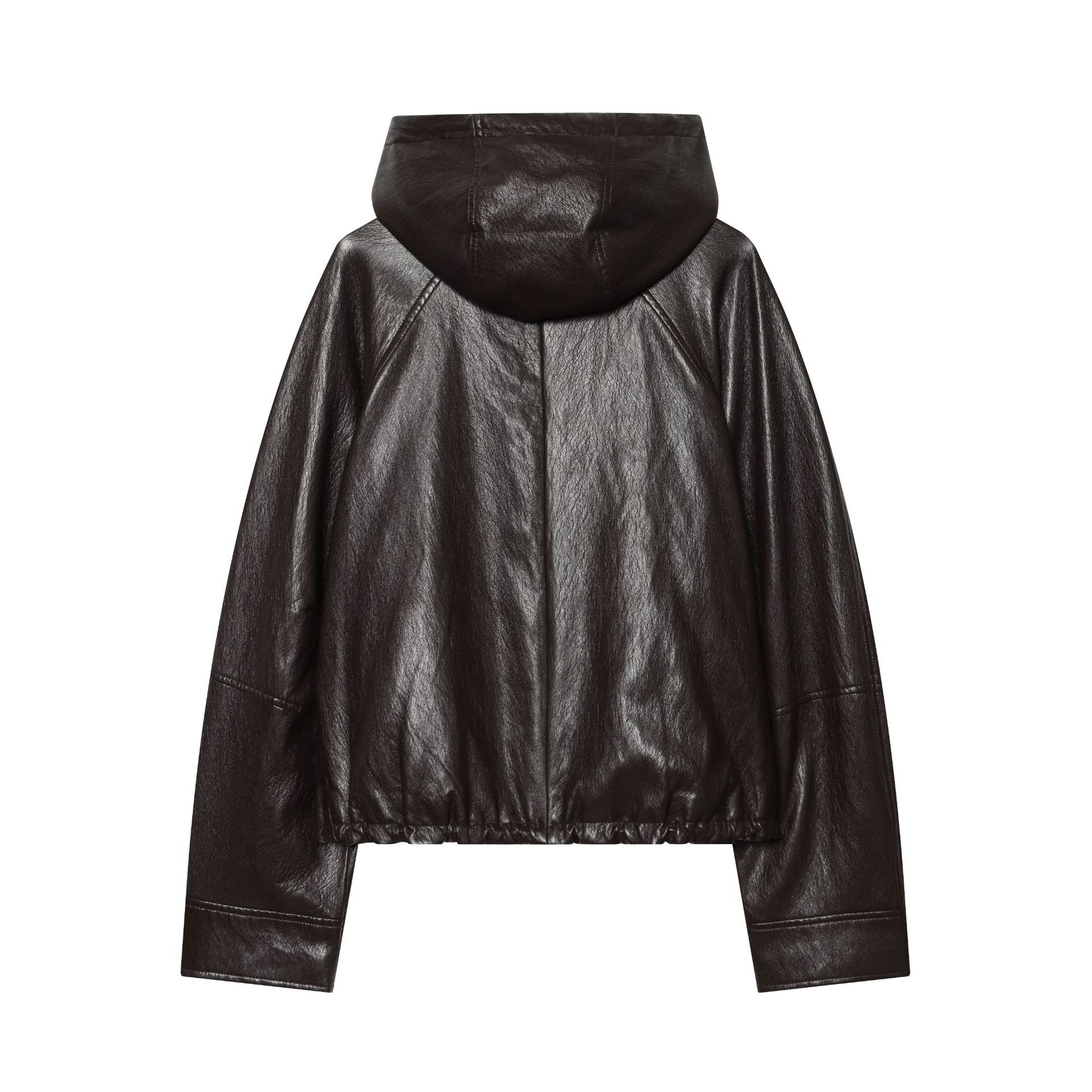 Women's Short Hooded Leather Look Bomber Jacket with Drawstring Hem Chichicherry
