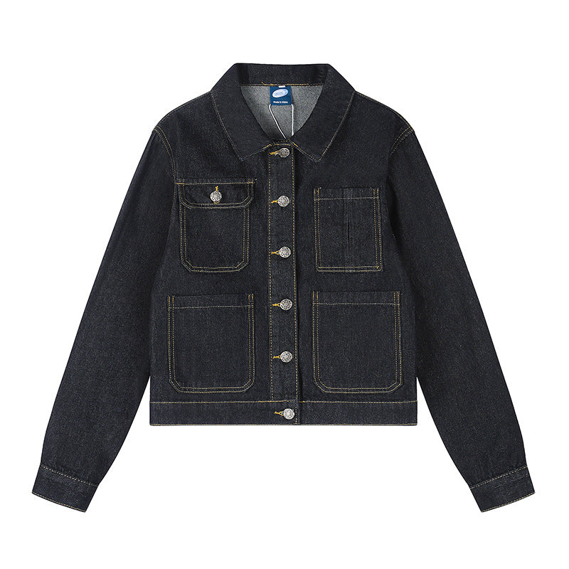 Women's Boxy Jeans Jacket with Patch Pockets and Visible Contrast Seams Chichicherry
