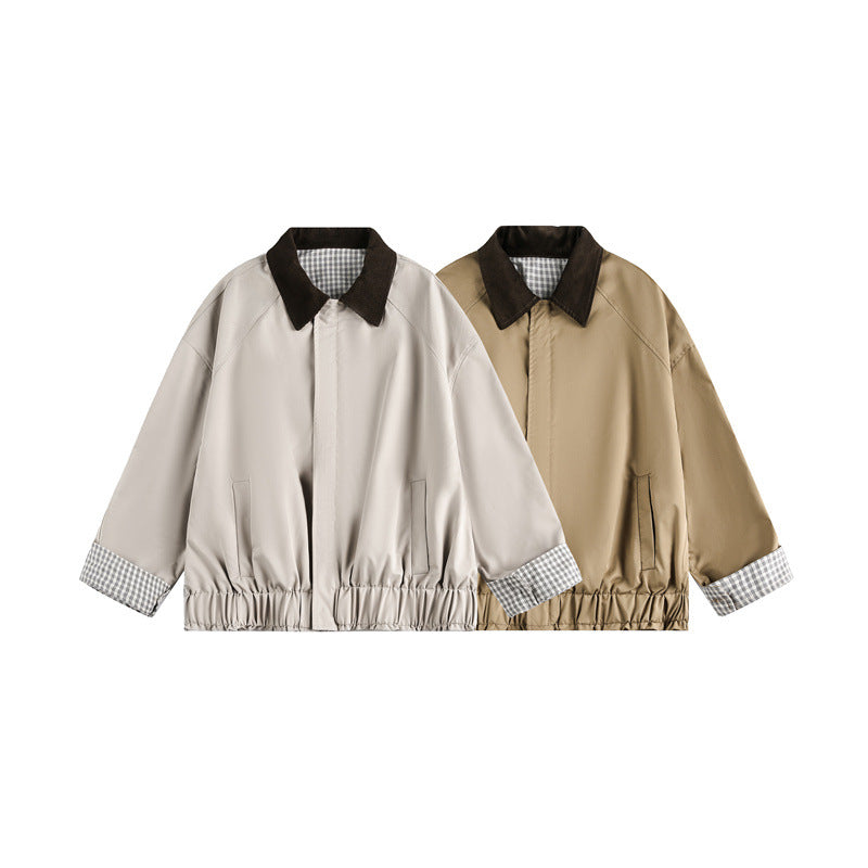 Unisex Short Cut Boxy Blouson Jacket with Cord Collar and Checked Sleeve Cuff Chichicherry