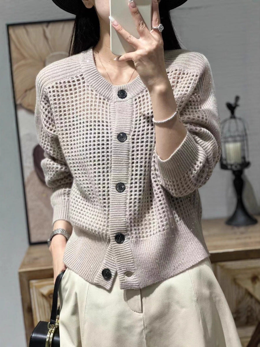 Ladies Loose Mesh Cardigan with Grid Ajour, Round Neckline and Button Placket Chichicherry