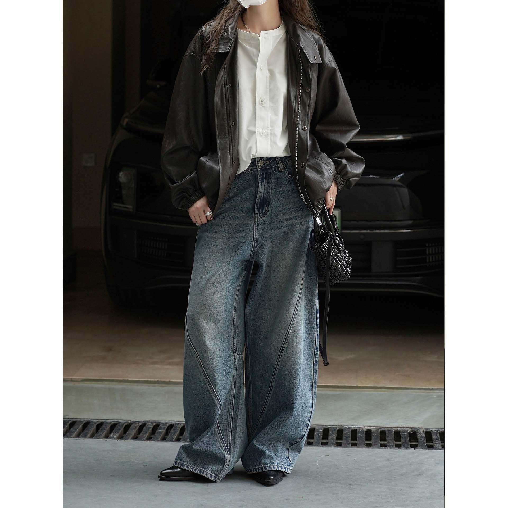 Women's High-Waisted Baggy Denim Pants with Curved Seam Details Chichicherry