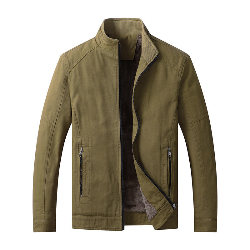 Men's Canvas Field Jacket with Teddy Fleece Lining, Stand Collar and Zipper Chichicherry