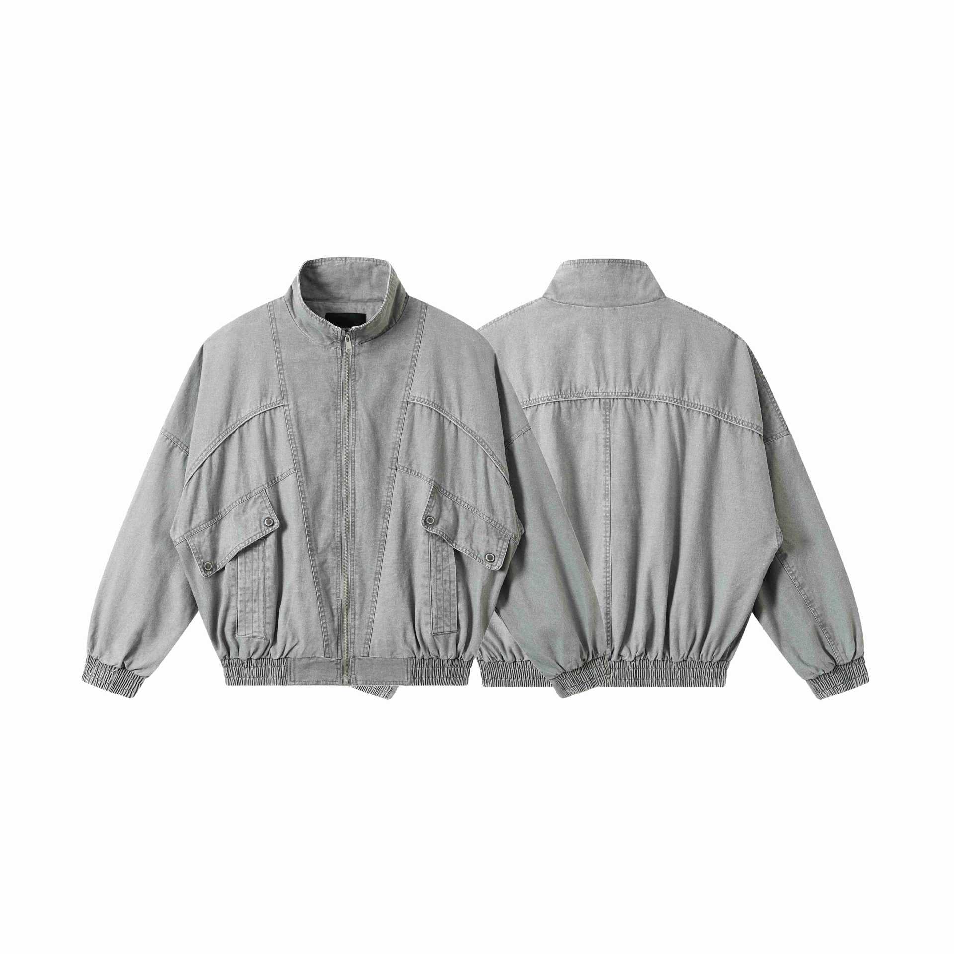 Unisex Short Cut Washed Canvas Utility Jacket with High Stand-Up Collar Chichicherry