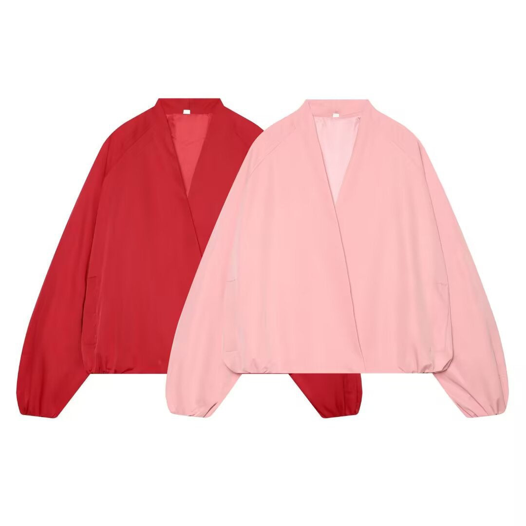 Women's Lightweight Cropped Bomber Jacket in Boxy Cut with Open Kimono Closure Chichicherry