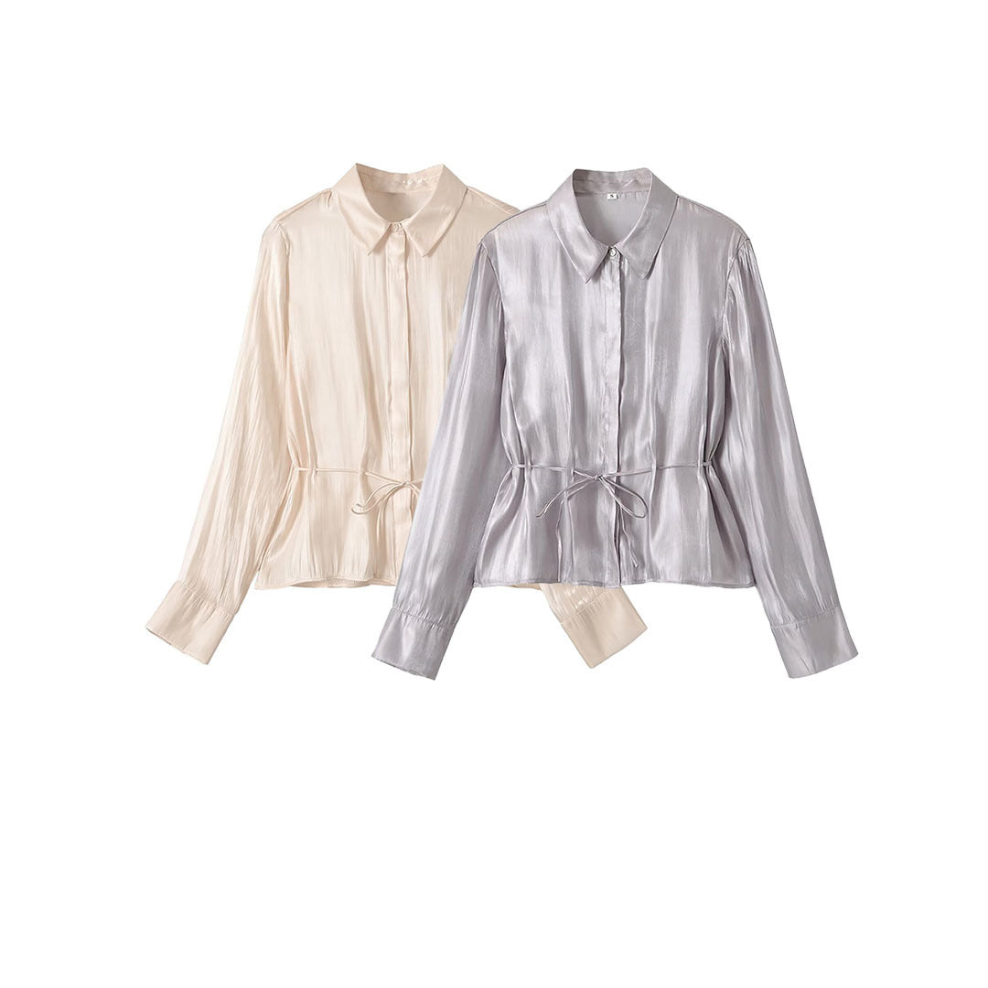 Ladies silk matte tailored shirt blouse with drawstring and concealed button placket Chichicherry