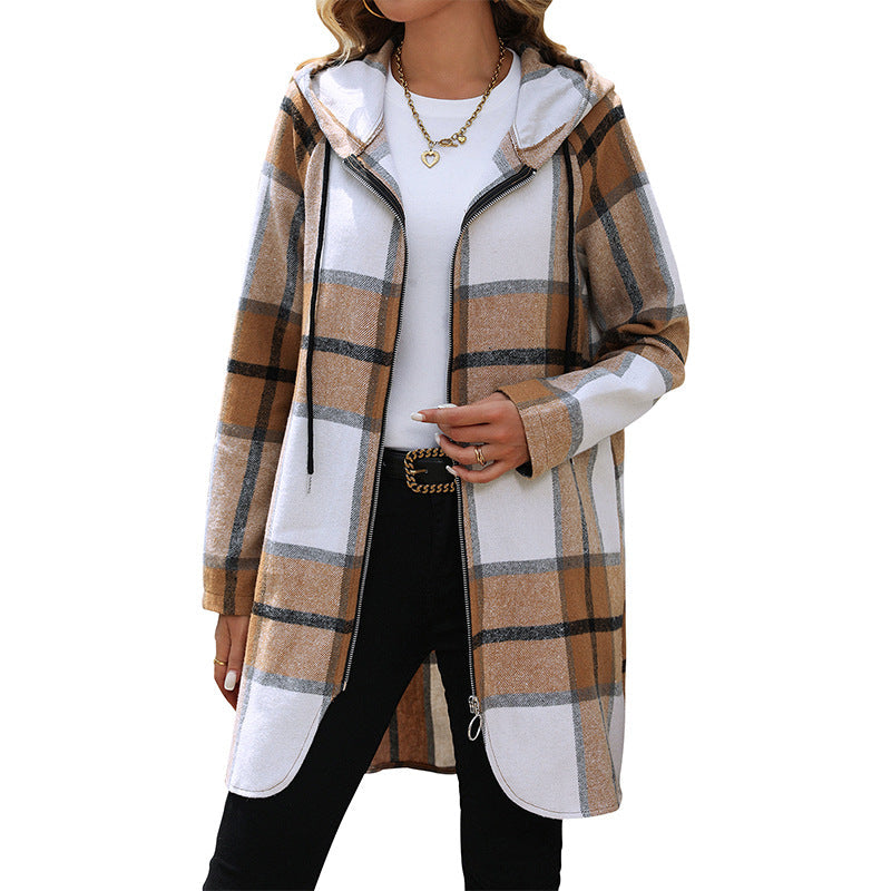 Women's Long Hooded Cardigan with Check Pattern, Zipper & Pockets Chichicherry